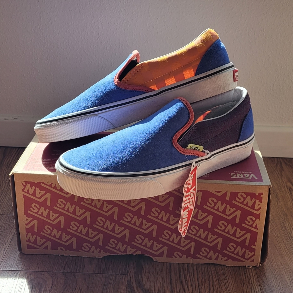 Vans Classic Slip On Blue Suede Orange Checker